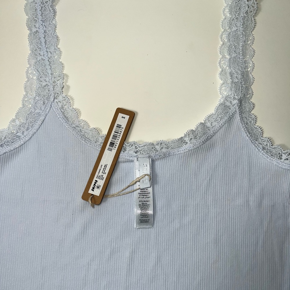 Skims Soft Lounge Lace Trim Ribbed Camisole Cami Shirt in Mineral Blue - Picture 11 of 13